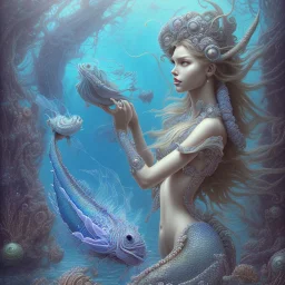 sango fantasy, fantasy magic, intricate, sharp focus, illustration, highly detailed, digital painting, concept art, matte, artgerm and paul lewin and kehinde wiley, masterpiece sexy lips Asain lady body mermaid lionfish head turquoise space lady beach sea under water mermaid seaweed