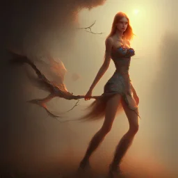 beautiful woman, painting, realistic, walking off into the sunset, high fantasy