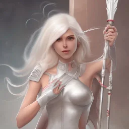 D&D character, female, cleric, platinum blonde hair, gold eyes, smile, blue armor