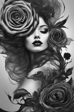 Abstract faig image of a beautiful woman's face inside of a black rose, Smoky, 8k quality, realistic, gothic, exceptional creation, fantastic