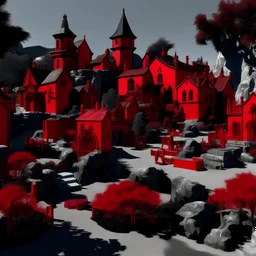 A dark red vampire village with a chateau designed in Ica stones painted by Andy Warhol