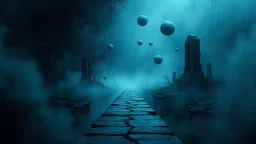 passage over nothingness, surreal, dark and cold abstract artwork dominated by deep blue, icy cyan, charcoal black and muted steel-grey tones. An narrow passageway emerges from an abstract distorted weird landscape, surrounded by thick fog and drifting mist. The space feels nightmare, alien and unsettling, with floating circles and balls geometric forms, ruins, perspective. At the center of the composition cracked stone way over abyss
