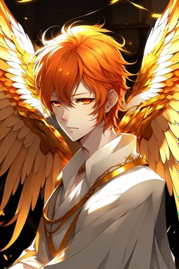 An anime male angel with red hair, gold eyes, and large white feathered wings that appear burned.