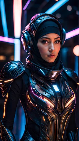 Ultra-detailed benevolent cyborg hijab in a spaceship, with anthropomorphic cybernetic elements on metal armor, neon lights reflections, reflection mapping, intricate design and details, dramatic lighting, Cinematic lighting, Volumetric lighting, Epic composition, Photorealism, Bokeh blur, Very high detail, Sony Alpha α7iv, ISO1900, Character design, Unreal Engine, Octane render, HDR, Subsurface scattering, by addie digi