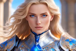 Masterpiece, A Cosmic knight, strong, firm, noble, beautiful, blue eyes , blond straight hair, bright sunday time, grateful, 8k, 4k, Unreal, highly détaillée, intricate, high quality