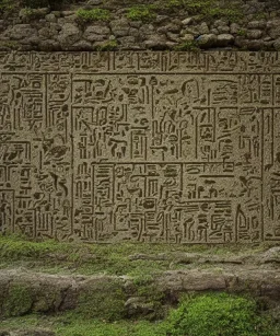 Ancient mossy ruin wall depicting luminescent hieroglyphs behind water