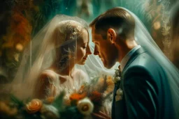 wedding, veil, flowers, blur 5%, double exposure, merged layers, in the first part (near to us) of the picture you can see a plain sandblown smoked glass, engraved with a folk art pattern, the glass is cracked in several places, in some places the glass is broken, crumpled burlap, through it you can see a tropical rainforest with a waterfall, mist, tooth, sunrise