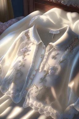 elegant, white lace blouse for women, embroidered with pastel-coloured folk motifs and real pearls, laid out on a bed Nikon D850 highly detailed digital painting sharp focus elegant intricate photorealistic 4k very attractive beautiful award winning fantastic view crisp quality Unreal Engine hdr very cute cinematic postprocessing acrylic art in sunshine