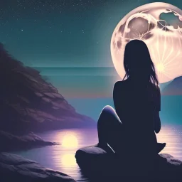 Afraid woman sitting on a rock on the moonlight