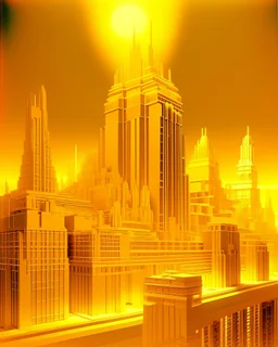 A golden yellow glowing metropolis painted by Frank Lloyd Wright