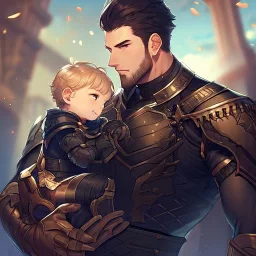 Boy wearing leather armor protecting family