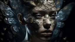 Create a surrealistic hybrid portrait made entirely of intricate glass shards, merging human features with elements of a moth. Integrate the distinctive wings, antennae, and compound eyes of a moth into the human face, blending seamlessly with the human skin and hair. Use dramatic, low-key lighting to create a mysterious and otherworldly atmosphere, reminiscent of moonlight filtering through fog. Capture a medium shot to show both the face and the upper body, emphasizing the delicate details of