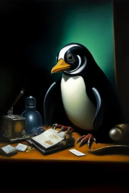 1970's dark fantasy cover dnd style oil painting frontal webcam picture of pengu the penguin, busniess and money bank.