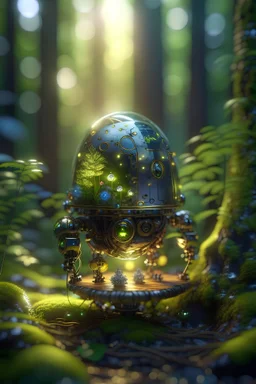 picture of a magical forest sparkling with light,cute chate robot inside transparent egg,shot on Hasselblad h6d-400c, zeiss prime lens, bokeh like f/0.8, tilt-shift lens 8k, high detail, smooth render, down-light, unreal engine, prize winning