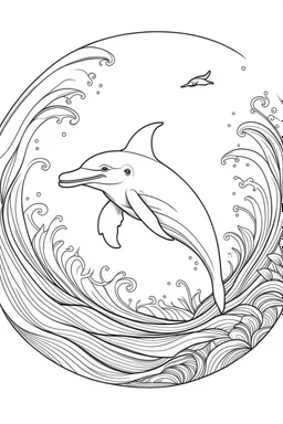 a dolphin dive into the deep sea, clean line art, monochrome, for kids coloring book, white background