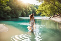 beautiful girl in pretty dress walking in water toward camera in trees next to wavy river with clear water and nice sands in floor.camera capture from her full body front