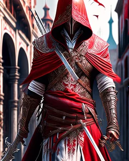 Assassin creed con dagas y espadas detalles en los pantalones y en el pecho caminando por Venezia capa arte digital hiperdetallado detalles intrincados obra de arte rojo blanco 8k