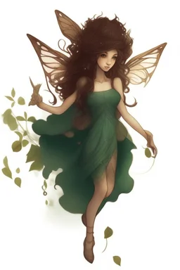 Forest fairy with iridesand teal wings and a cute short leaf dress and pointed ears and multiple vine earings and ear cuffs flying through a mythical forestand brown wavy hair trailing her