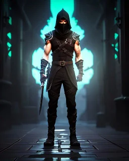 muscular ninja assassin, athletic build, wearing black and gray baggy pants with pockets, black hood and black balaclava mask, big boots, buckles, straps, daggers, dark hazel eyes, eyes are both in proportion and green, 3/4 look, standing, dark cobblestone alley, candle light behind head, intense, non photorealistic rendering in the art style of j.scott campbell