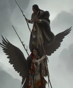 shaman, male native american, long black hair, black hooded coat like wings, 8k resolution concept art portrait by Greg Rutkowski