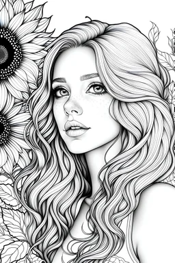 coloring page,grayscale, portrait, wavy hair, sunflowers