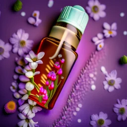 a small vial lies on a beautiful floral background top view, in the background there are beautiful spring flowers and a drop of cream, high-quality picture, top view