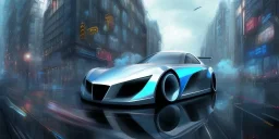 jet powered car in a busy city. year 2300