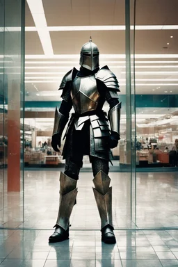 a paladin knight lost in a modern mall [Shattered Image, Shot the texture and then rewound the film and double exposed from multiple 1979 B colour series movie]