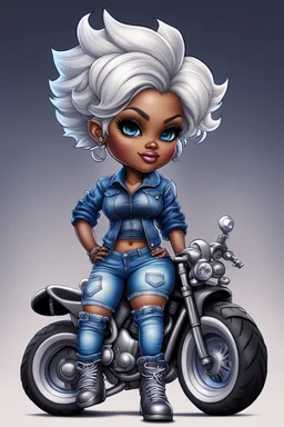 create an airbrush illustration of a chibi cartoon voluptuous black female wearing a blue jean outfit with biker boots. Prominent make up with hazel eyes. Extremely highly detail of a very low platinum blonde pixie haircut. Background of a bike show.