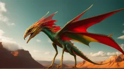 red, gold and dark green coloured pterodactyl, perfect sparkling eyes, perfect anatomy, exquisite composition, beautiful detailed intricate detailed octane render, 8k artistic photography, photorealistic, soft natural volumetric cinematic perfect light, chiaroscuro, award-winning photograph, masterpiece, raphael, caravaggio, bouguereau