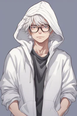 Anime man with glasses, messy white hair, wearing a hooded sweatshirt, realistic