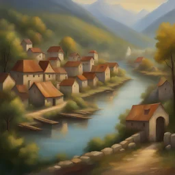 Artistic,oil paint, beautiful old village next to a river also add a forest and mountains in the back