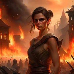 a dark haired tiefling woman in a sleeveless battle outfit, a face like emma watson, amidst town ruins with fires burning, photo quality