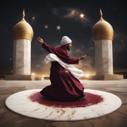 Hyper Realistic Sufi Whirling on stone floor with maroon & Golden Islamic Sufi Rustic Grungy Background outside white marble Islamic monument at dark night, heavy-fig with stars on sky showing dramatic & cinematic ambiance.