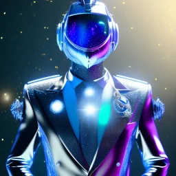 Handsome galactic man, glitter blue and white galactic suit with jewels, blond hair, blue eyes, cinematic lights, full details, hight quality, unreal engine 5, 4k, cosmic stars background