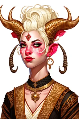 A teenaged tiefling woman with white blonde hair, pointy ears, a set of ram horns and another set of gazelle horns, fancy clothes,