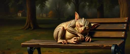 master oil painting by Rembrandt, fat kobold gremlin sleeping on a bench in the park