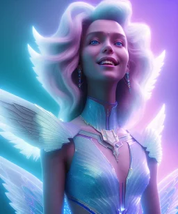 A smiling crystalised queen, atmospheric, realistic, unreal engine, cinematic lighting, octane render. blue, pink, transparency, light, shine,bright, full body, transparent wings, blonde, long hair, nice smile