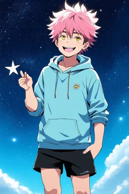 A young, androgynous young man with tousled pink hair and golden eyes floating among the stars wearing a light blue hoodie and black board shorts. He is smiling softly and holding a star in one hand.