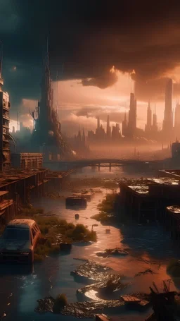 After the greenhouse effect, The city of 2023, polluted city, lightning storm, A bunch of factories, polluted water. Surreal, wonderful craftsmanship, depth of field, sharp focus, unique art, 8k, mysterious