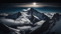 Aerial view from above of a single sharp, rocky mountain peak with snow patches, piercing through a dense, swirling foreground layer of white clouds, dark night sky with visible Milky Way, high contrast, cinematic lighting, photorealistic, 8k resolution, sharp focus