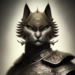 Character design, anthropomorphic cat dressed as a Shaolin, dark, evil, furious, epic, intricate details, finely detailed armor, silver, golden