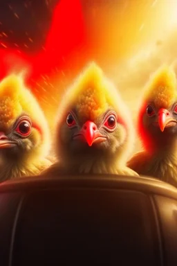 movie poster, portrait of newly hatched chickens with helmets in a car race, high speed, motion blur, smoke, 4k, downlight, soft light, depth of field, photorealism, trending on art station