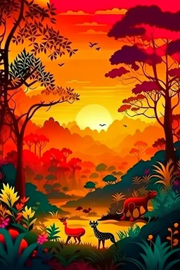 vista de la selva asiática con un bosque colorido, los animales se ven entre los matorrales, fauna amplia y un atardecer brillante