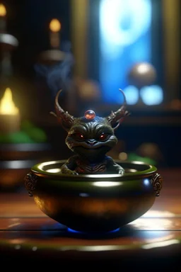 awake within a magical nightmare, cauldron with shining sigil and containing a slightly alien fur ball gremlin in it, prize winning oil painting, ,bokeh like f/0.8, tilt-shift lens 8k, high detail, smooth render, down-light, unreal engine