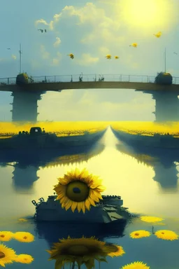 yellow water of lake with bridge of sunflowers and tanks and in fuggy sky with dim sunlight