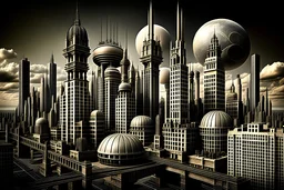 a striking, stunningly gorgeous world class photo of an imaginary sky high city skyline/cityscape envisioned by the architects of Versailles & 1920's Manhattan. as tho mankind had already achieved the impossible with regard to the lore of so-called science fiction