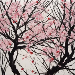 [art by Jean-Paul Riopelle] The cherry blossom branches would be depicted with thin and graceful lines, capturing their natural flow and organic structure. The branches may have a slightly wavy or curved appearance, giving them a more realistic and dynamic feel.Buds can be included alongside the fully bloomed flowers, showcasing the different stages of the cherry blossom's life cycle. These buds can be depicted as small, rounded shapes, often positioned close to the main flower or scattered alo