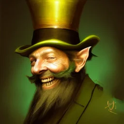 portrait of a old, elf man,, low beard,top hat,elegant gold and green suit,smiling,highly detailed, digital painting, artstation, concept art, cinematic lighting, illustration, 8k art by Jean Baptiste Monge