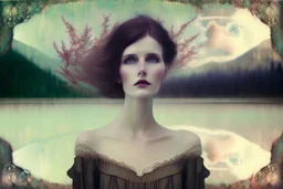 Single image: A Very Beautiful pretty dreamy Lady in eerie beautiful landscape art by Anka Zhuravleva, Sandy Welch, Jane Small, Aliza Razell, Eduard Veith, Joel Robison, Mikhail Vrubel, Ferdinand Hodler, Christoffer Relander, William Timlin, Charles Rennie Mackintosh, John Lowrie Morrison, Sidney Nolan. 3/4 Headshot, Volumetric lighting, 3d, mixed media, Best quality, crisp quality